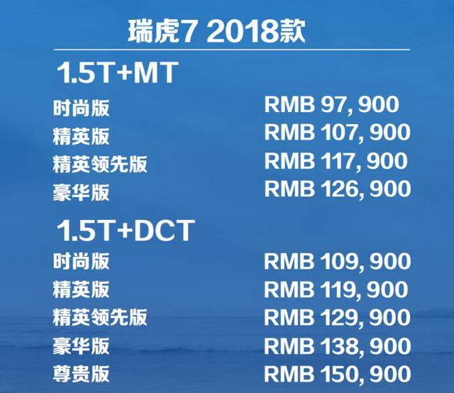 瑞虎7 1.5T新车型上市 全系售9.79-15.09万
